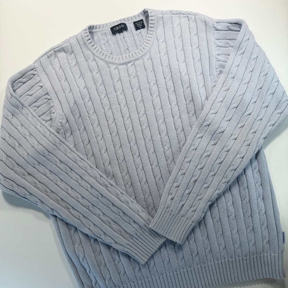 Izod Women's M Light Blue 100% Cotton Cable Knit‎ Pullover Sweater Preppy